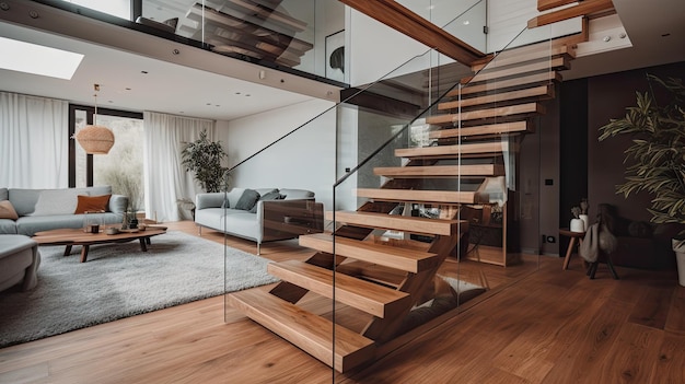 Una casa moderna con una scala in vetro e un divano