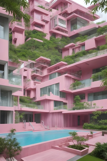 una casa moderna di colore rosa con un bellissimo giardino generato