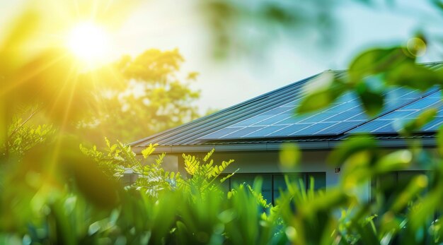 Una casa moderna eco-friendly con grandi pannelli solari sul tetto durante il tramonto che mostra una vita sostenibile ed efficienza energetica