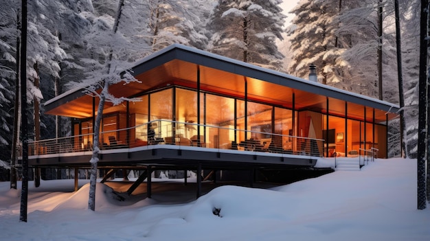 Una casa moderna in una foresta innevata