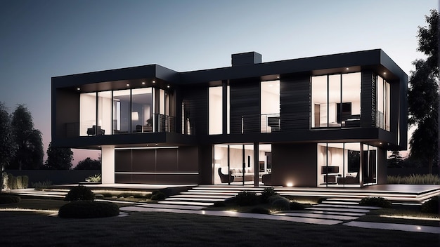 Una casa moderna nera con grandi finestre