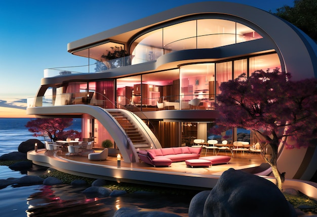 una casa moderna sull'oceano al tramonto
