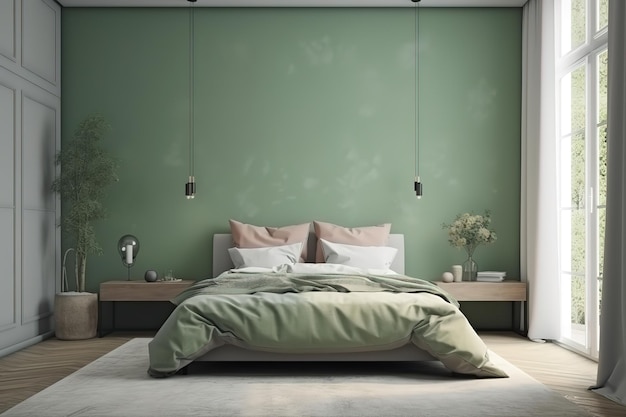 Una casa moderna sullo sfondo con un'accogliente camera da letto verde con arredi bianchi e tavoli in legno naturale Interni eleganti della camera da letto Mockup interno della camera da letto IA generativa