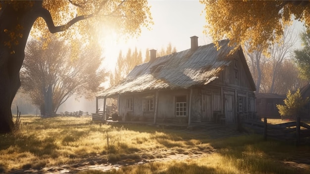 Una casa nel bosco con il sole che splende sul tetto