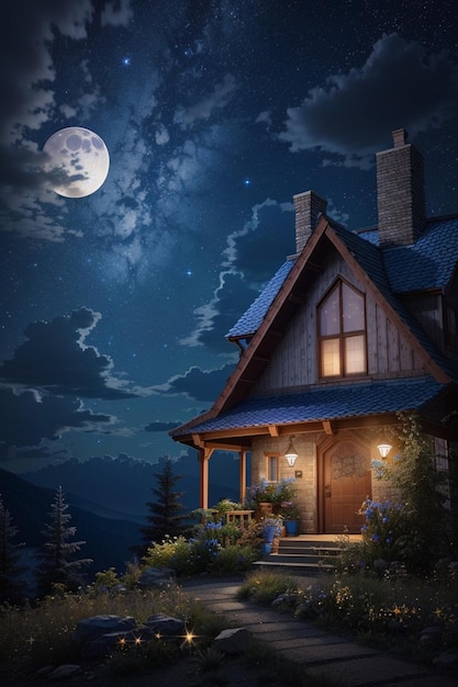 Una casa nel bosco con la luna piena nel cielo.