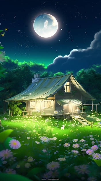 Una casa nel bosco con la luna sullo sfondo