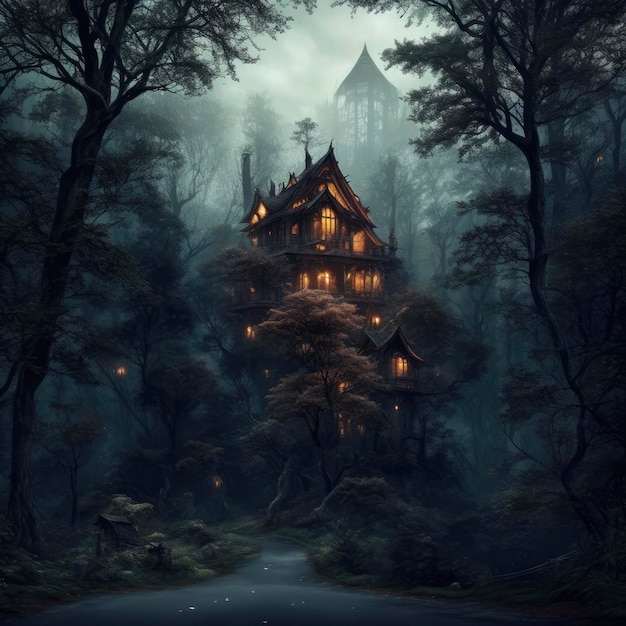 Una casa nel bosco con le luci accese