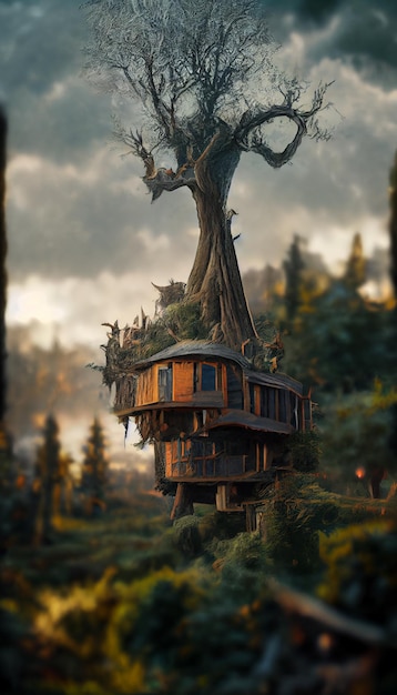 Una casa nel bosco con un albero in cima