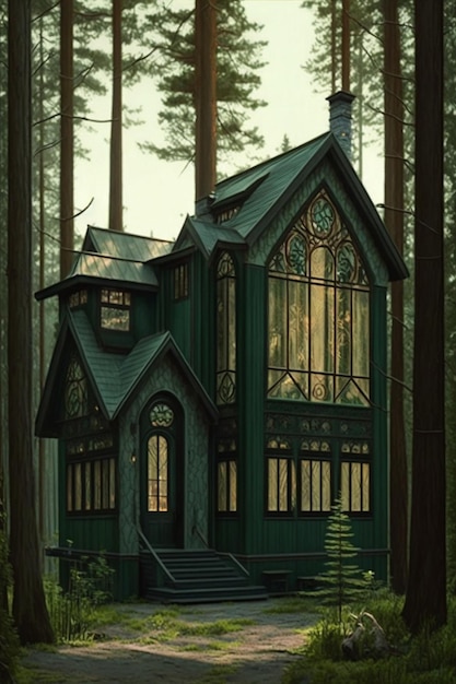 Una casa nel bosco con un albero sul davanti.