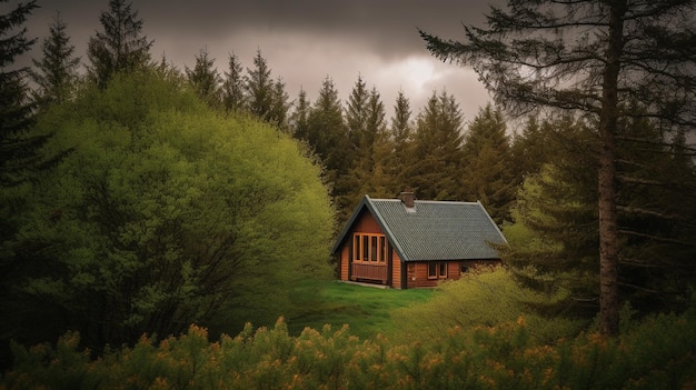 Una casa nel bosco con un cielo nuvoloso sullo sfondo