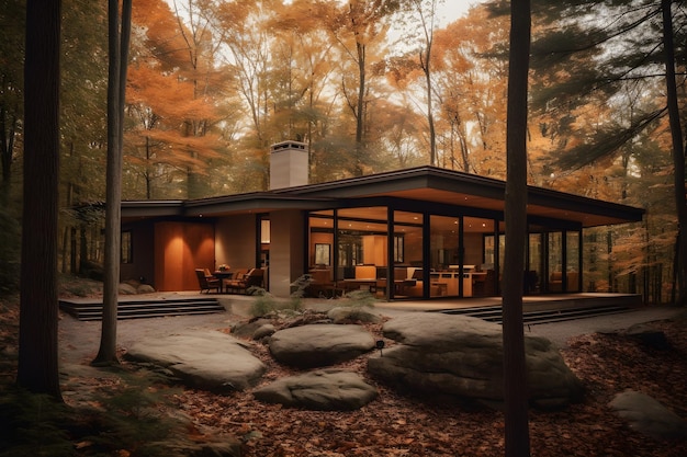 Una casa nel bosco con un grande patio in pietra e un ampio spazio in pietra.