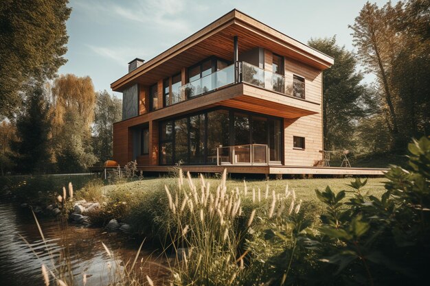 Una casa nel bosco con un lago sullo sfondo