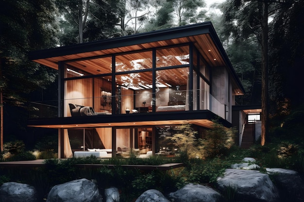 Una casa nel bosco con una grande finestra che dice "la casa è su una collina"