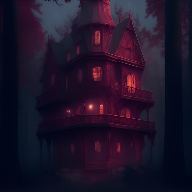 Una casa nel bosco con una luce rossa sul tetto