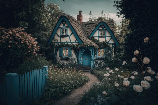 Una casa nel bosco con una porta blu e una bianca