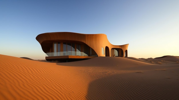 Una casa nel deserto con un paesaggio desertico sullo sfondo.