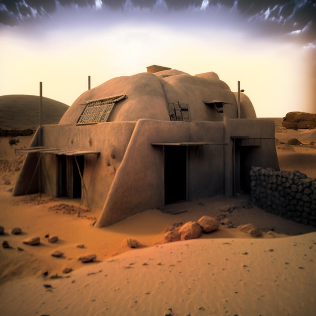 Una casa nel deserto con una grande porta con su scritto Star Wars.
