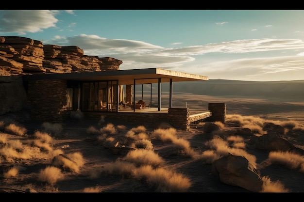 Una casa nel deserto con una montagna sullo sfondo