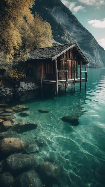 Una casa nell'acqua con un cielo azzurro e montagne sullo sfondo