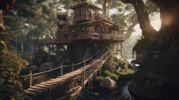 Una casa nella foresta con un ponte