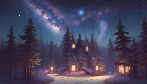 Una casa nella foresta di notte