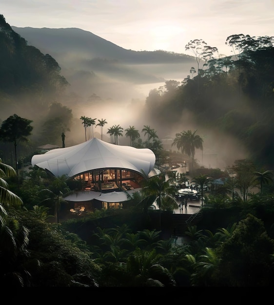Una casa nella giungla con vista sulle montagne con nebbia
