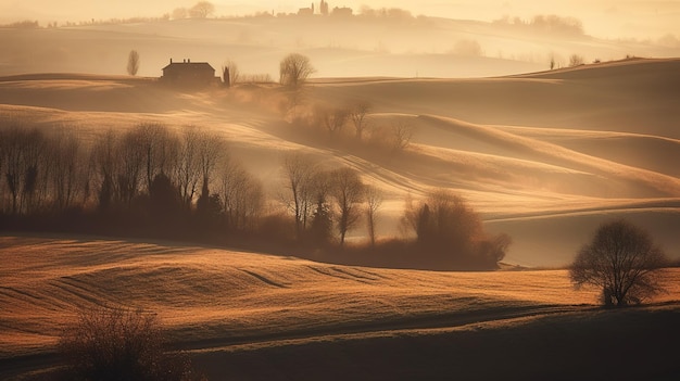 Una casa nella nebbia al tramonto