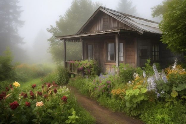 Una casa nella nebbia con fiori sul terreno