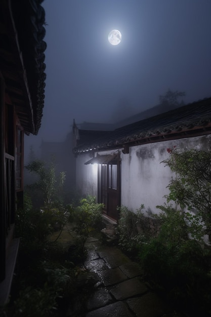 Una casa nella nebbia di notte