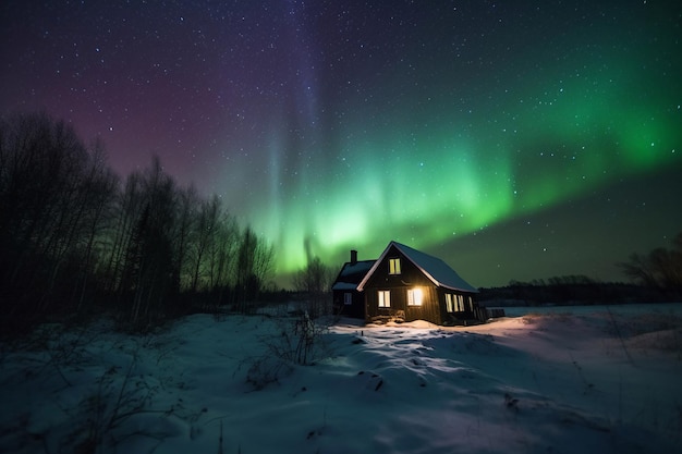 Una casa nella neve con l'aurora boreale sullo sfondo