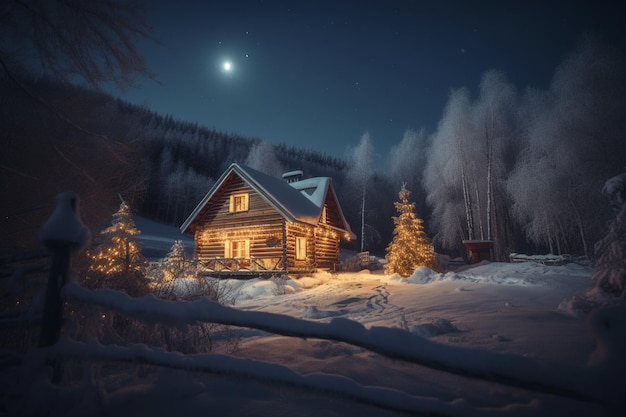 Una casa nella neve con la luna sullo sfondo