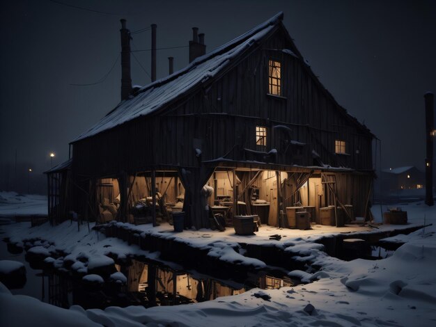 Una casa nella neve con le luci accese