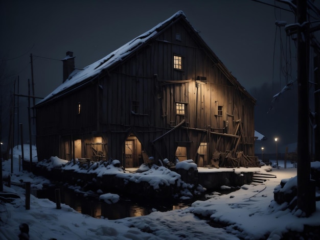 Una casa nella neve con le luci accese