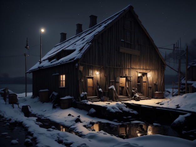 Una casa nella neve con le luci accese