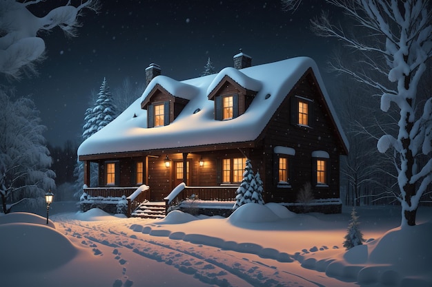 Una casa nella neve con le luci accese