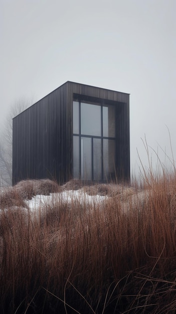 una casa nera nella nebbia