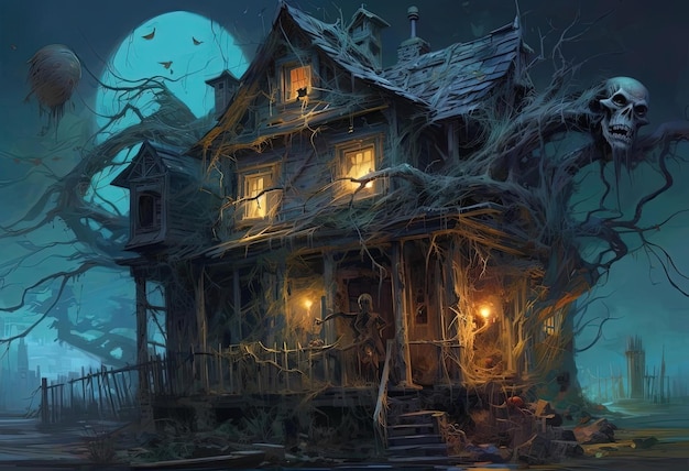 una casa orribile con statue scheletriche e finestre sedute nell'oscurità