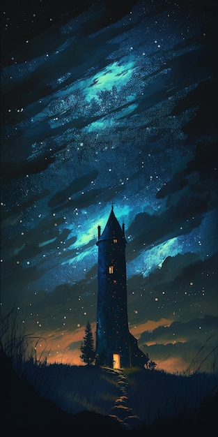 Una casa oscura infestata, misteriosa e lunatica con le stelle. nuvole colorate