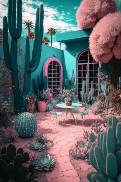 Una casa rosa con un cactus sul pavimento