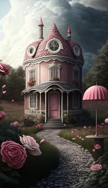 Una casa rosa con un tetto rosa e un ombrellone rosa per terra.