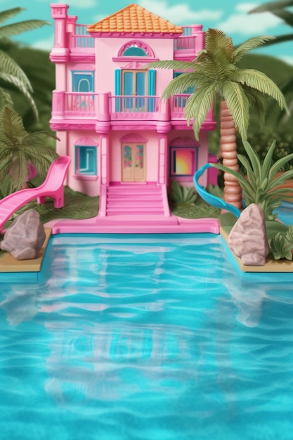 Una casa rosa con una piscina blu sullo sfondo