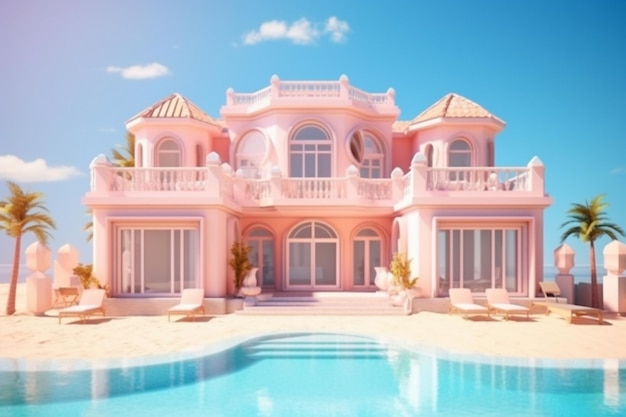 una casa rosa vicino alla piscina