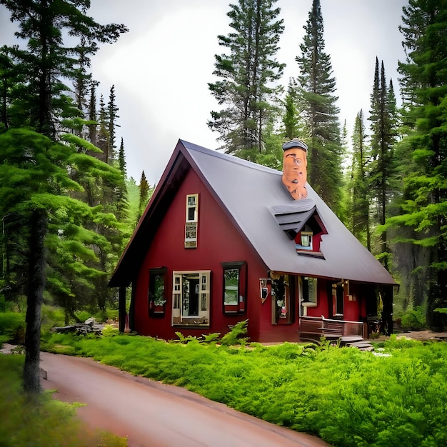 Una casa rossa con un camino sul tetto