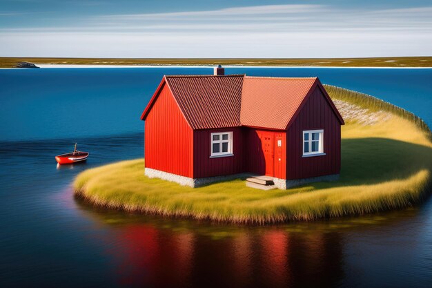 Una casa scandinava rossa su una piccola isola con una barca in acqua