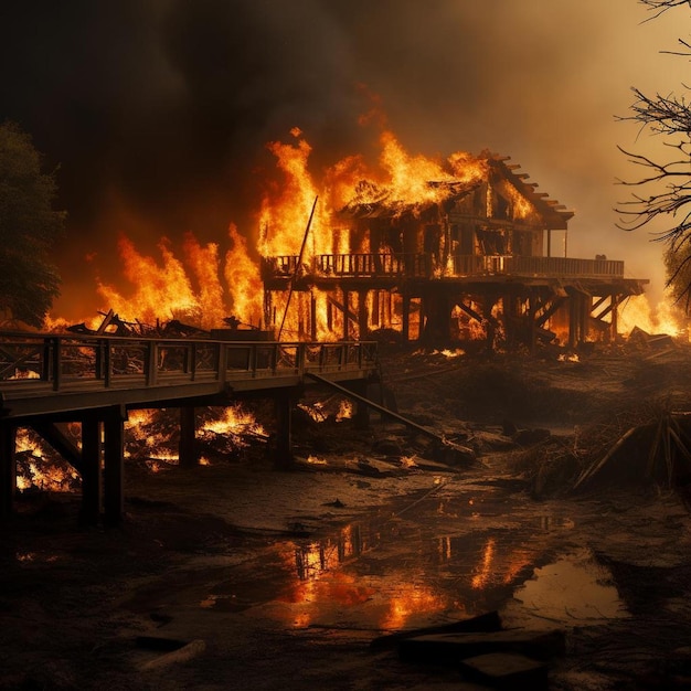 una casa sta bruciando in un campo con un incendio sullo sfondo.