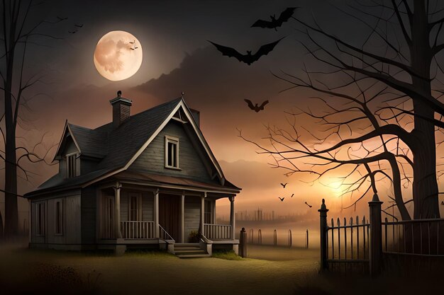 Una casa stregata con la luna piena sullo sfondo
