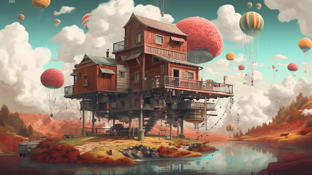 Una casa su un'isola galleggiante con uno sfondo di cielo