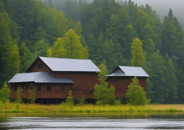 Una casa su un lago con una foresta sullo sfondo