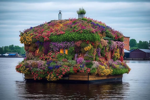 Una casa su una barca con sopra dei fiori