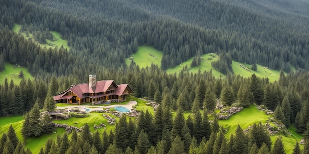 Una casa su una collina circondata da alberi e da un campo da golf.